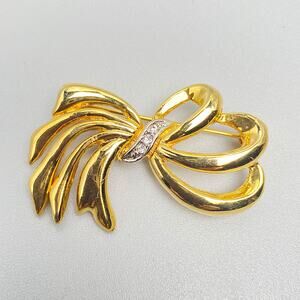 Swarovski Gold Crystal Bow Brooch Signed 2"